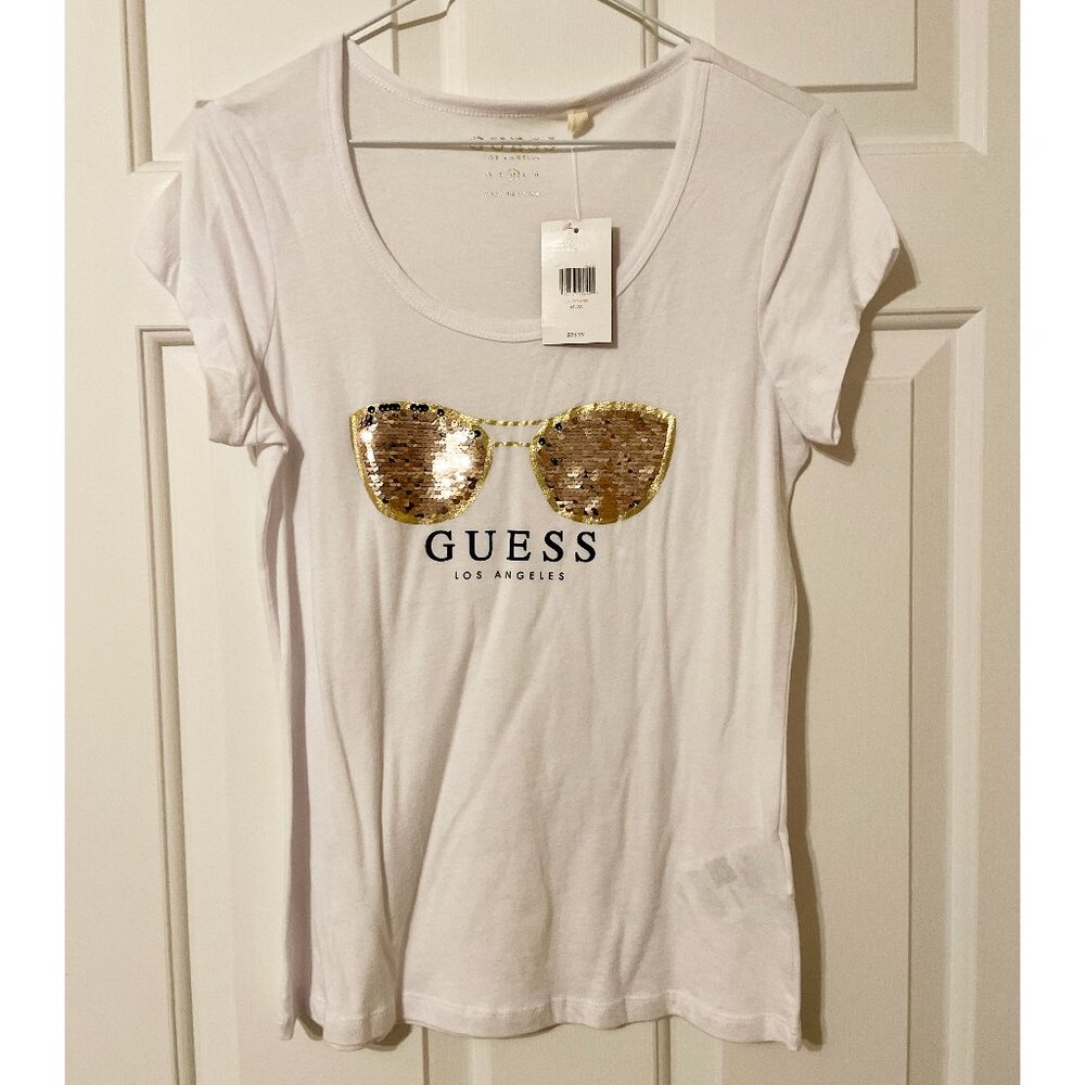 Guess White Graphic T-Shirt with gold/silver flip Sequin Sunglasses Design